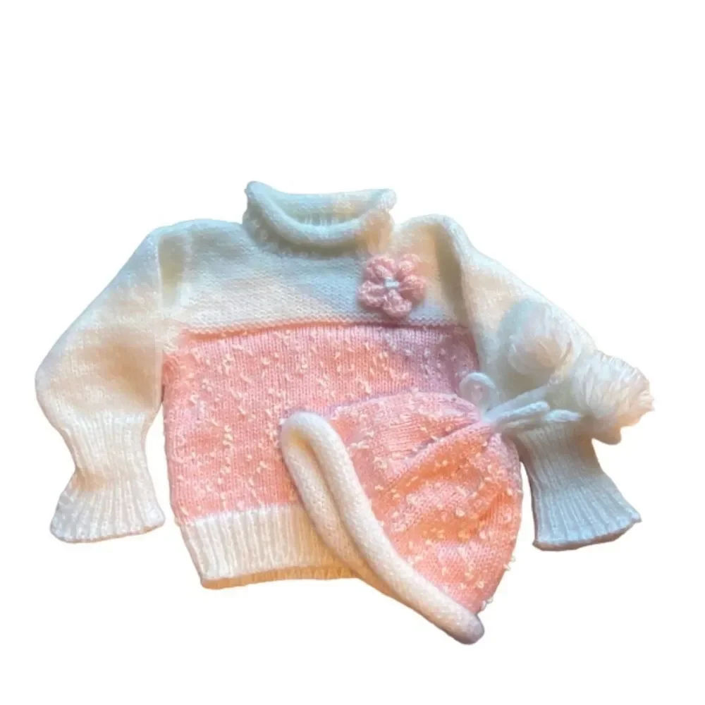 Vintage Handmade Baby/Toddler Pink and White Sweater with Matching Cap NWOT